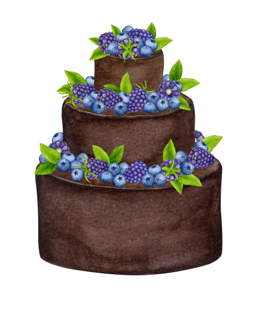 用浆果和薄荷装饰的巧克力蛋糕。水彩节日剪纸设计的明信片，贺卡，邀请，菜单，标志，织物印花。婚礼、生日、周年纪念设计。图片下载