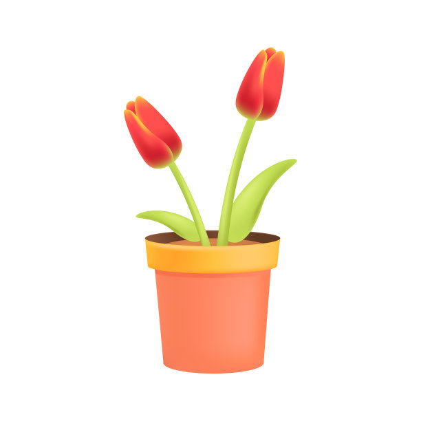 红色郁金香在橙色花盆3D插图图片下载