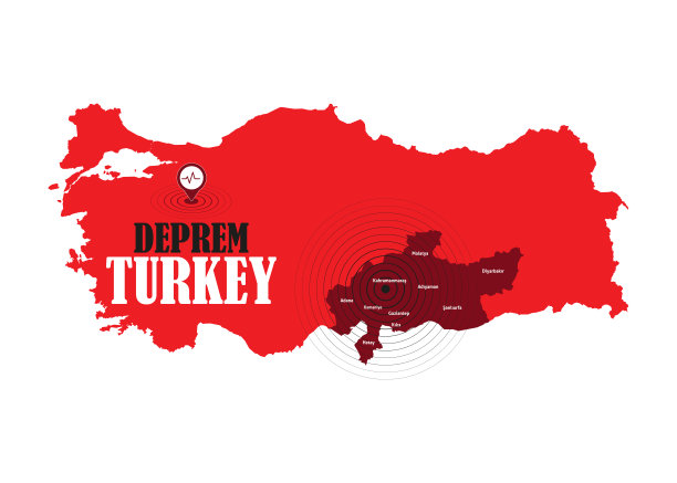 土耳其地图，红色、白色、酒红色、黑色地震图标。2月地震活动。灾难，灾害。矢量图。图片下载