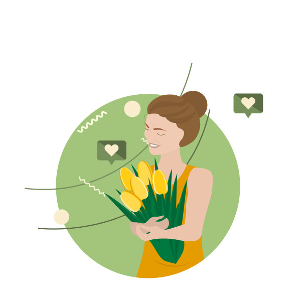 一个手里捧着花的女孩。矢量插图。图片下载