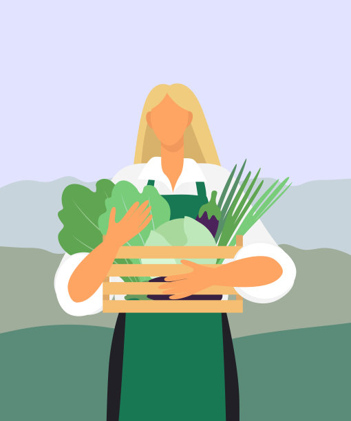 在田野的背景上，女孩抱着一篮子蔬菜图片下载