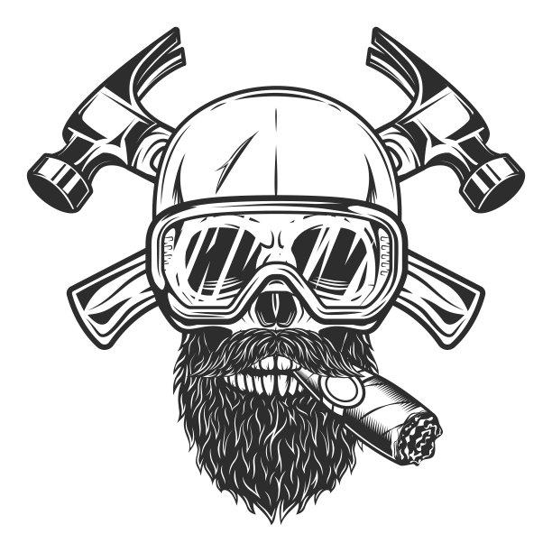 骷髅抽雪茄或香烟与小胡子和胡子和安全眼镜建设者交叉锤子从新的建设和改造房屋业务在单色复古风格的插图图片下载