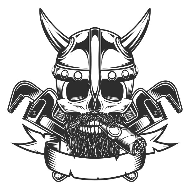 维京头骨在角盔与胡子和胡子与施工扳手天然气和建设者管道或车身车间机械扳手维修工具复古矢量插图图片下载