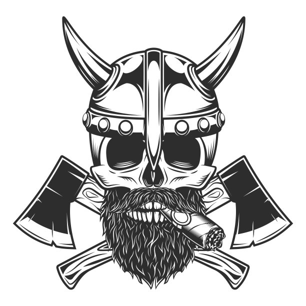 维京头骨吸烟雪茄或香烟须和须在角盔交叉斧在老式单色风格孤立矢量插图图片下载