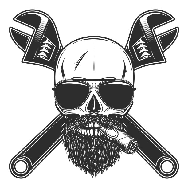 骷髅抽雪茄或香烟与胡子和胡子墨镜与施工扳手天然气和建筑工人管道或车身车间机械扳手维修工具复古矢量插图图片下载