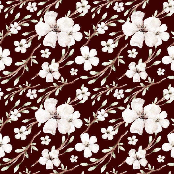 无缝模式与粉红色的花樱花和树叶在灰色的背景，水彩花卉图案，数字纸在柔和的颜色，瓷砖为墙纸，卡片或织物图片下载