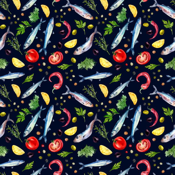 无缝模式的凤尾鱼和蔬菜水彩画孤立在黑色。图片下载