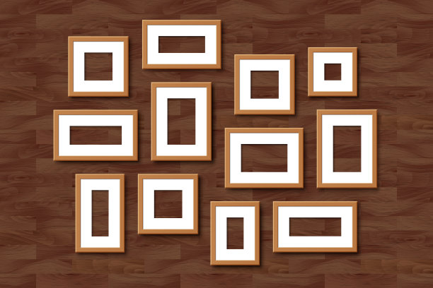 现实的空墙相框拼贴。矢量棕色相框设置模型模板与阴影在黑暗的自然木制背景。海报，图片库，绘画，演示的模型图片下载