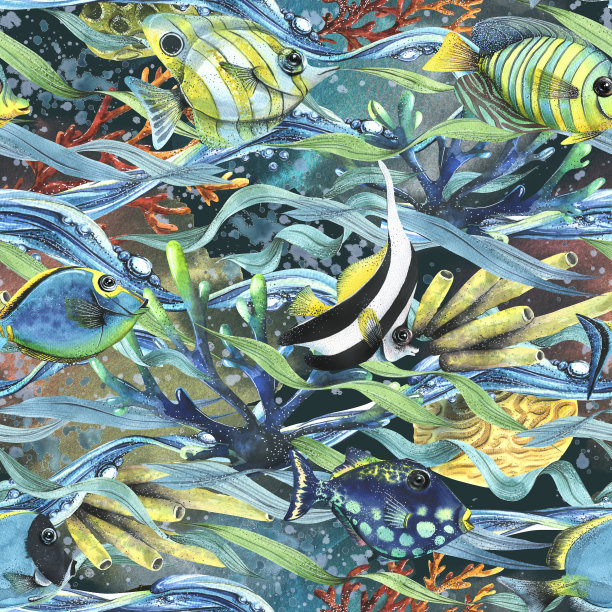 珊瑚礁与藻类、水波、鱼类、海绵水彩插画无缝图案图片下载