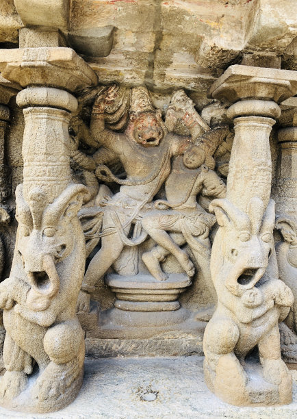 在凯奇Kailasanathar寺庙中刻有狮子的柱子。图片下载