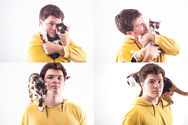 猫和年轻男子隔离背景图片下载