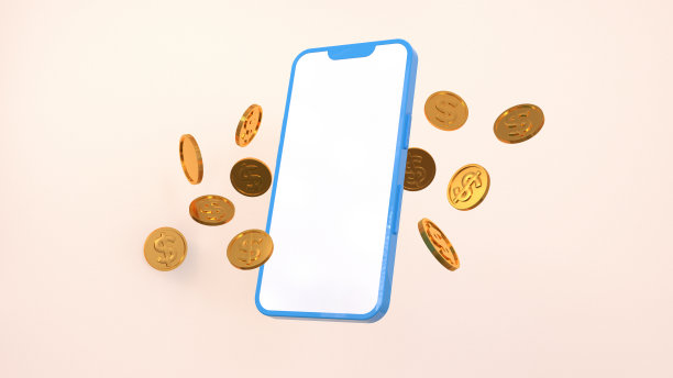 金币满天飞的蓝色手机，网上购物，网上银行，网上返现。3 d渲染。图片下载