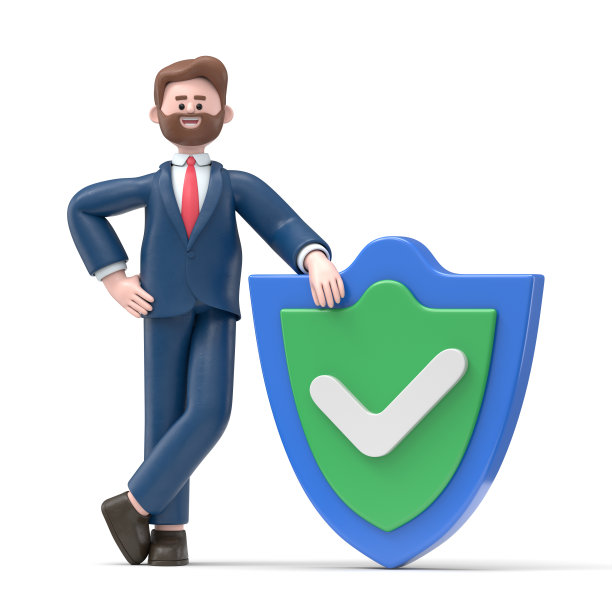 3D插图，微笑的大胡子美国商人鲍勃正拿着一个盾牌，以掩护攻击。保护，保险，远离商业危险的概念。白色背景上的3D渲染。图片下载