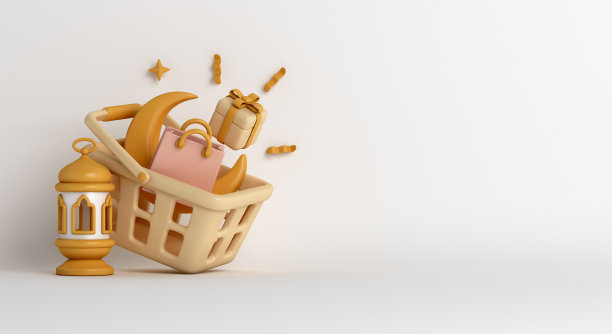 伊斯兰销售装饰背景与篮子，灯笼，月牙，礼盒，斋月卡里姆，mawlid，开斋，isra miraj，开斋节，穆哈拉姆，卡通风格，复制空间，3D插图。图片下载