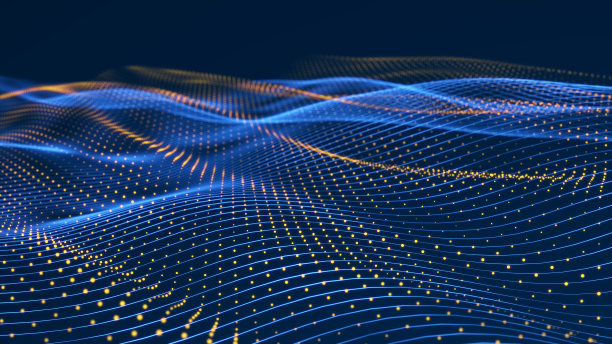 颗粒流。蓝色背景与波浪和大量发光粒子。信息技术背景。三维渲染图片下载