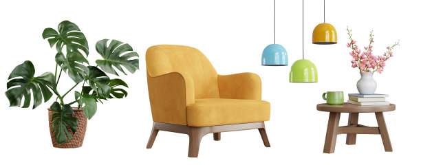 室内设计中使用的各种元素，孤立在白色背景上。3 d渲染。图片下载