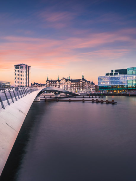 Lille Langebro自行车和人行天桥，日落后在丹麦哥本哈根的城市建筑图片下载