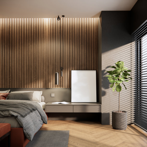 三维渲染模型现代室内房间设计和装饰在深色色调，木墙和家具织物沙发窗帘窗户。图片下载