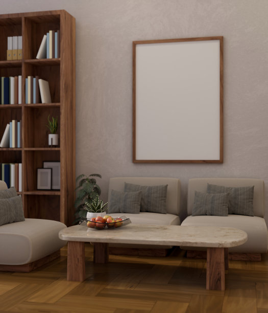 舒适的家庭客厅，沙发，茶几，书架，墙上的空白框架模型图片下载