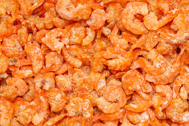 虾米为背景。特写海鲜纹理壁纸。图片下载