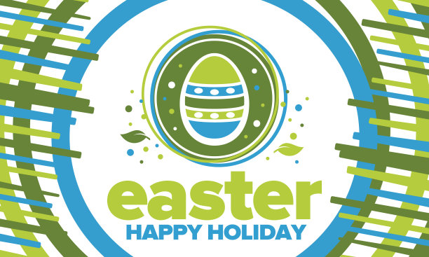 四月复活节快乐。纪念基督复活的基督教春季假日。圣经的历史。传统的彩蛋染色图案，小朋友们寻找彩蛋的有趣游戏。向量图片下载