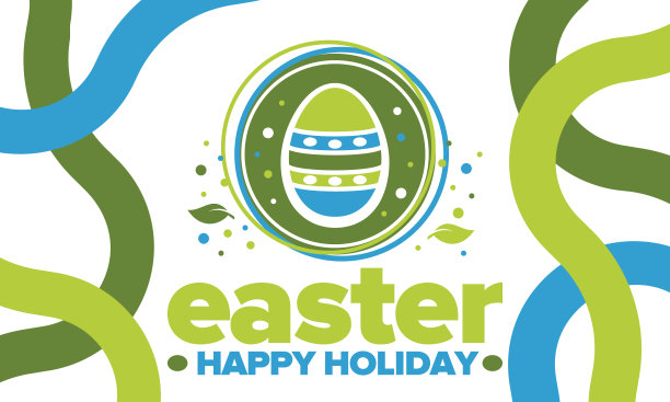 四月复活节快乐。纪念基督复活的基督教春季假日。圣经的历史。传统的彩蛋染色图案，小朋友们寻找彩蛋的有趣游戏。向量图片下载