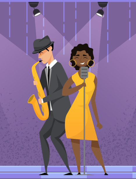 爵士音乐家萨克斯管手与萨克斯管架。女孩对着麦克风唱歌，享受表演图片下载