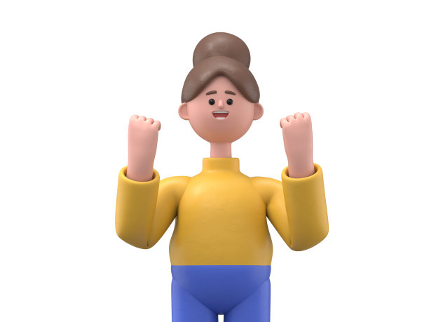 3D插图的微笑亚洲妇女安吉拉非常高兴和兴奋做赢家手势，举起手臂，微笑和尖叫的成功。白色背景上的3D渲染。图片下载