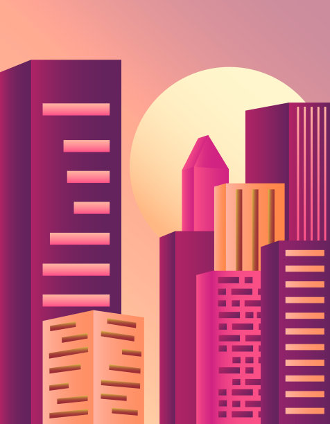 夜城和高楼大厦的形象。月亮和黑暗的天空。矢量平面插图与梯度。图片下载