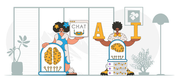 .男孩和女孩的AI团队在时尚的风格，矢量插图。图片下载