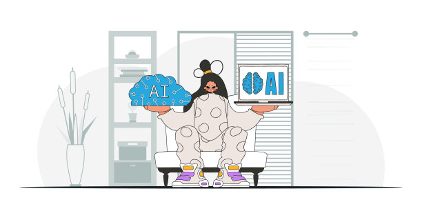 女孩展示现代趋势与人工智能大脑在手，说明在矢量。图片下载