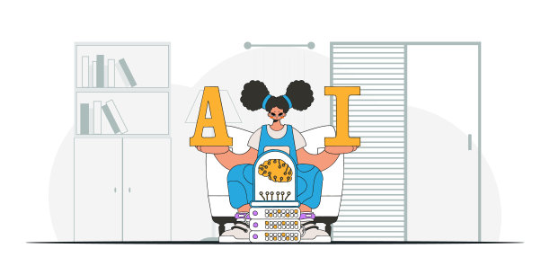 女孩摆造型与时尚的AI大脑插图，矢量艺术。图片下载