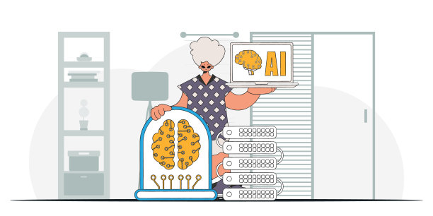 男子手持一幅矢量风格的潮流AI大脑插图。图片下载