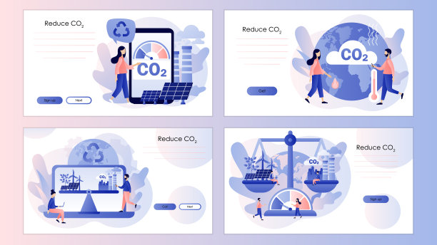 可持续发展的概念。减少二氧化碳排放。净零排放与二氧化碳中性平衡。屏幕模板登陆页面，模板，用户界面，网页，移动应用程序，海报，横幅，传单。向量图片下载
