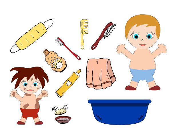 卫生要素设置。浴室个人卫生说明。清洗矢量浴程序项目。图片下载