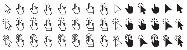 Pointer cursor Ñomputer mouse icon. Clicking cursor, pointing hand clicks icons. Computer mouse click cursor collection. Click cursor - stock vector.图片下载