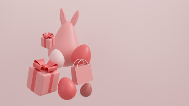 复活节海报和横幅模板，复制空间的兔子雕像和复活节蛋与购物袋和礼品盒粉红色粉彩的背景。三维渲染图片下载