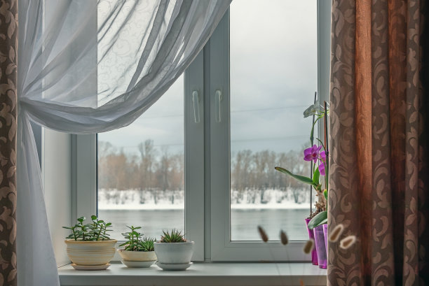 房间的窗户，窗台上有室内植物和窗帘，背景是冬天被雪覆盖的河流和森林。图片下载