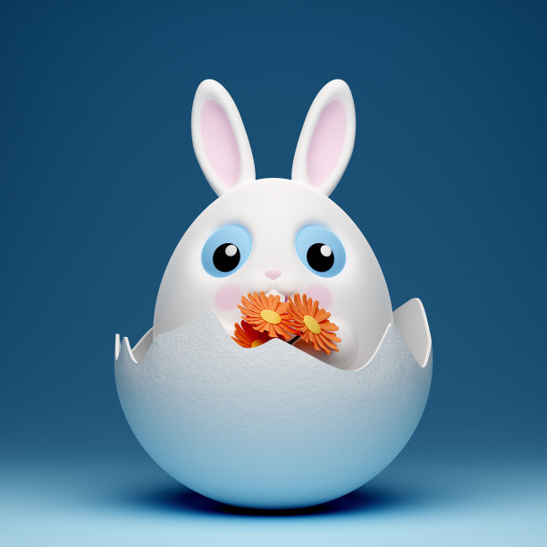 3d复活节快乐横幅上有可爱的小白兔和大大的蓝眼睛图片下载