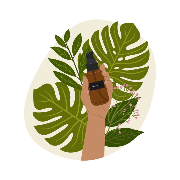 女性手握天然有机化妆品的玻璃瓶与抽象的形状和绿色的护肤。洁面乳、爽肤水、精华液、乳霜产品。手绘矢量图图片下载