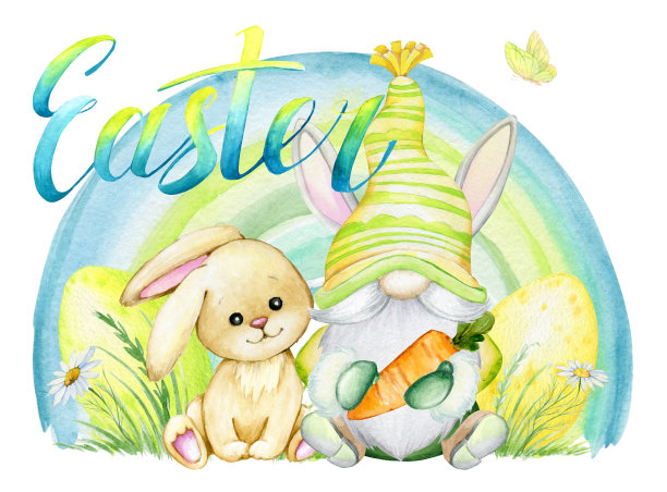 复活节侏儒兔子，彩虹。水彩剪贴画，在卡通风格，在一个孤立的背景。图片下载