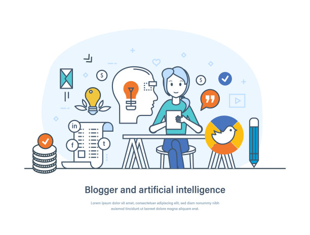 博主与人工智能创新技术进行内容策略开发。人工智能工具创建内容。合作与交互细线设计图片下载