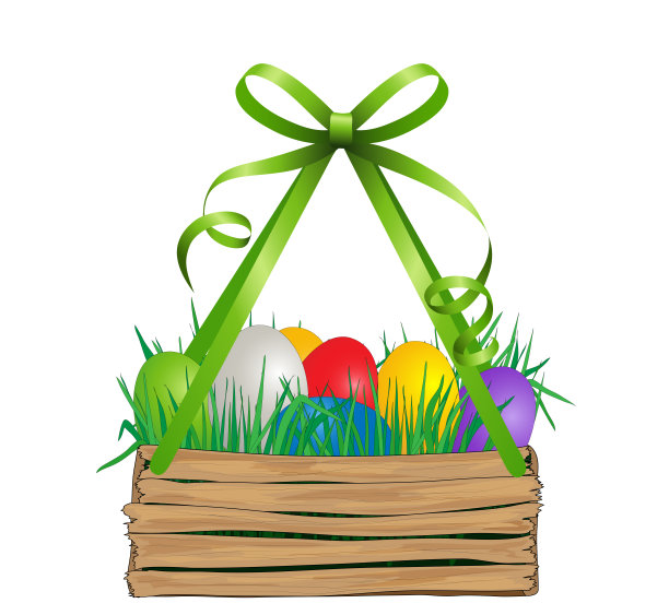 复活节篮子里有弓、草和彩蛋，
挂复活节篮，
矢量插图隔离在白色背景上图片下载