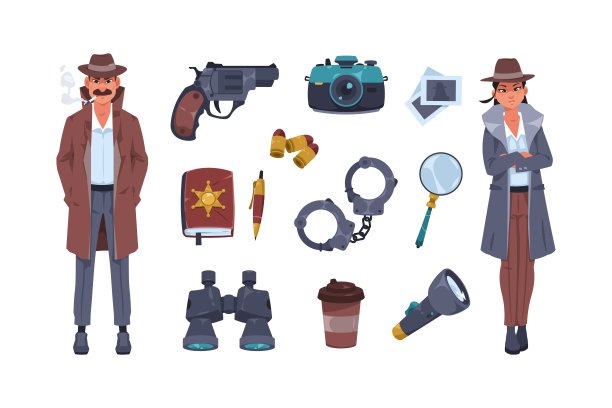 2302.m10.i022.n003.S.c15.363782117侦探设备。卡通警察特工人物和间谍工具，用于侦查刑事案件和搜查证据，秘密观察。向量平坦集图片下载