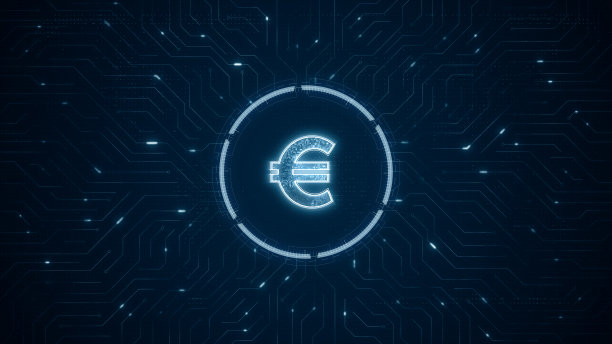 蓝色数字货币标志和未来技术圈HUD与电路板和数据传输在抽象的背景金融概念图片下载