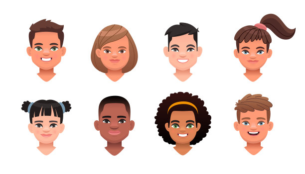 一组不同的快乐孩子的肖像。漂亮男孩和女孩的面部表情。矢量图图片下载