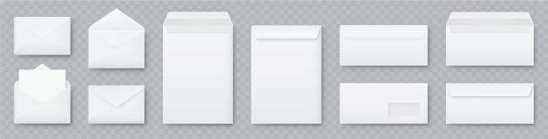 现实的白色信封模型收集。A6 C6, A5 C5, A4 C4, A5 C5, A3 C3, DL套装。折叠和展开信封模拟股票矢量。图片下载