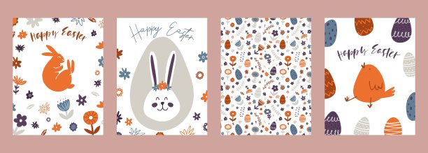 一套复活节快乐贺卡。手绘彩色植物，兔子，鸡，鸡蛋在现代极简主义风格图片下载