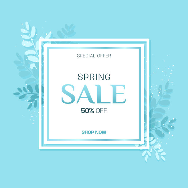 矢量设计旗帜与春季销售标志。折扣卡春季与白色框架和草药在蓝色背景。图片下载