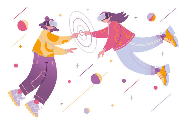 虚拟世界或虚拟现实传播概念，卡通风格。两个戴着虚拟现实眼镜的女孩在网络空间相遇。潮流矢量插图孤立在白色，手绘，平图片下载